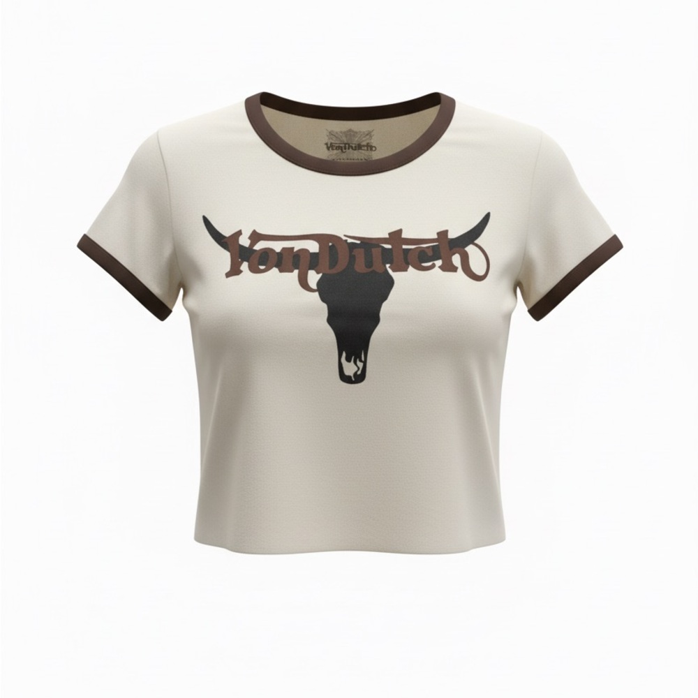 Von Dutch Cream Crop Tee with Brown Trim and Black Logo